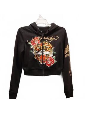 "Ed Hardy" NWT, Juniors, SZ.M, Black Hoodie with Tiger and Floral Design